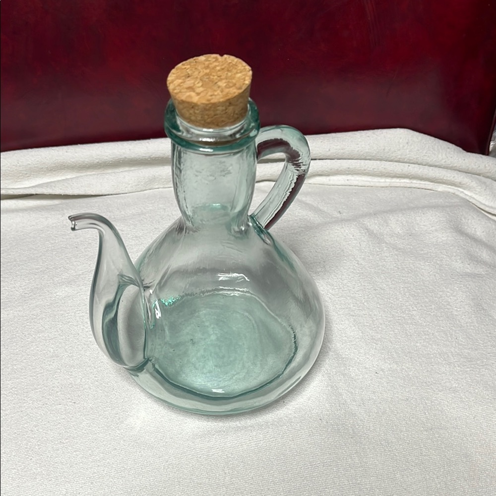 VTG Light Green Glass Pouring Bottle/Cruet for Oil or Vinegar w/Cork Stopper